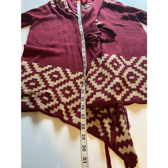 Red Camel Women’s Burgundy/Cream Fringe Waterfall Open Cardigan Size Medium - Picture 7 of 7